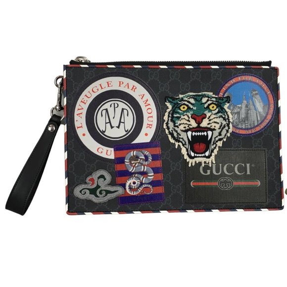 Gucci Men's Night Courrier GG Supreme Pouch Bag Black Gray Sz M DM44